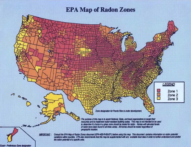 The official EPA Map of Radon Zones for the United States. Red, orange, and yellow mark county-level potential. This is not a neighborhood heatmap.